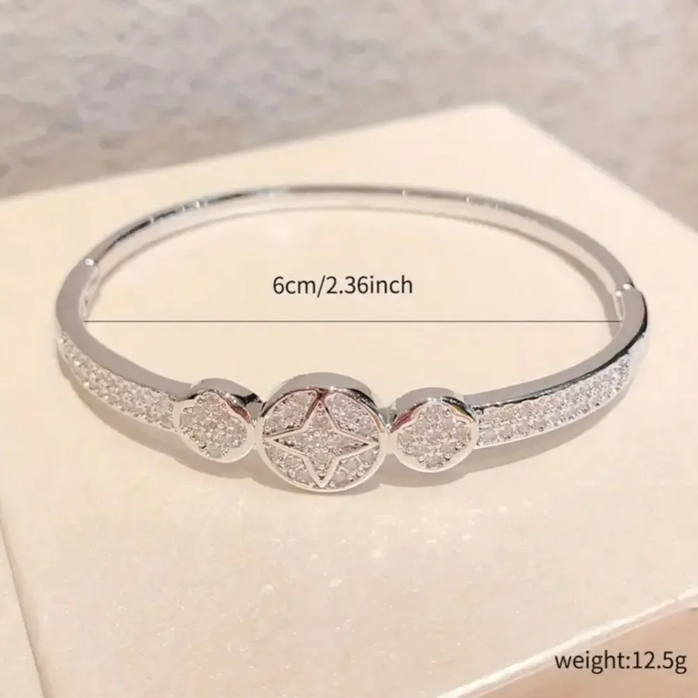 Silver Diamond Clover Bangle Bracelet